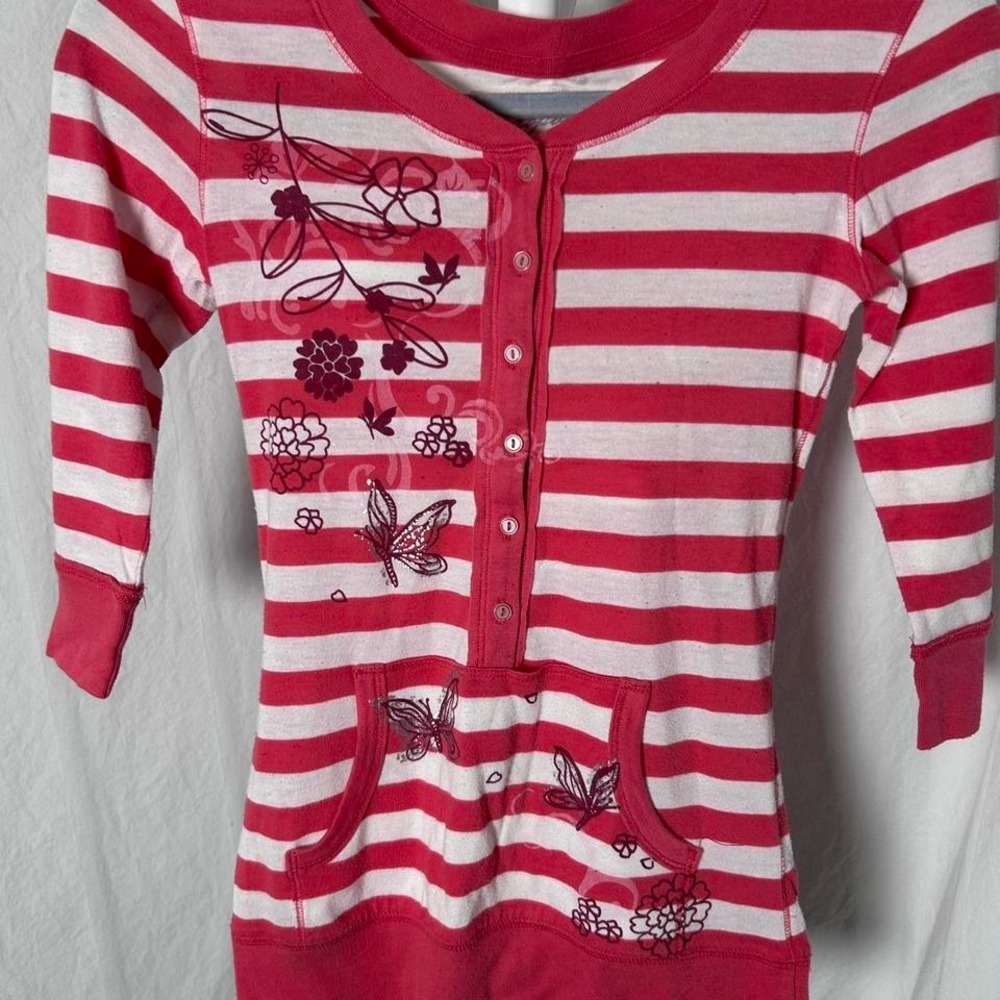 Aeropostale striped long sleeve top with butterfly and pocket button-up front - Picture 2 of 4